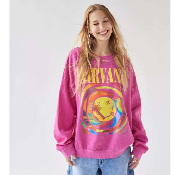 Sweat Oversize Nirvana Smile Rose - Urban Outfitters, Col Rond, Polaire, Taille S/M, Occasion